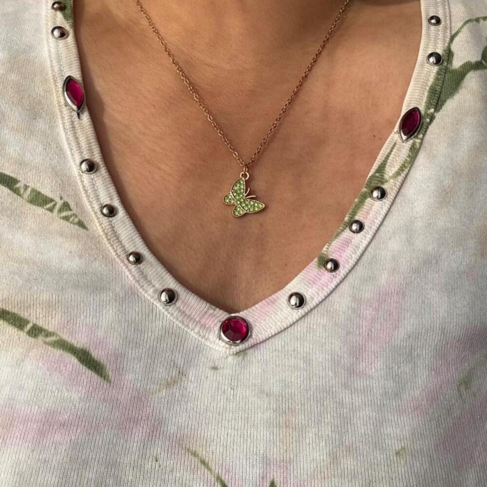 Green bedazzle butterfly pendant necklace